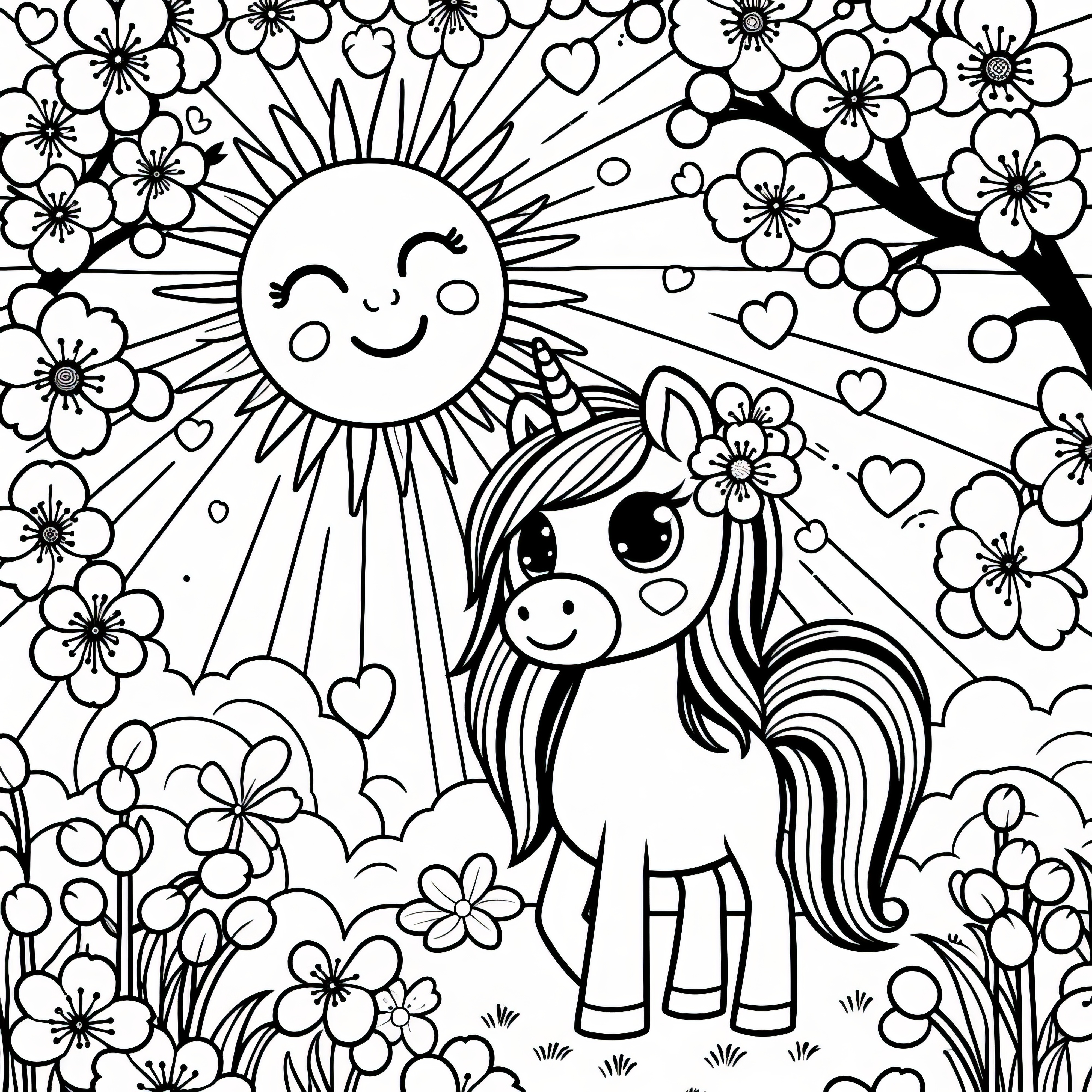 Unicorn in the midst of cherry blossoms as a coloring page (Free)