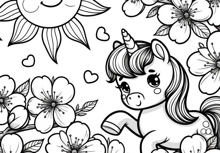 Unicorn under cherry blossom in the sun: Free coloring page