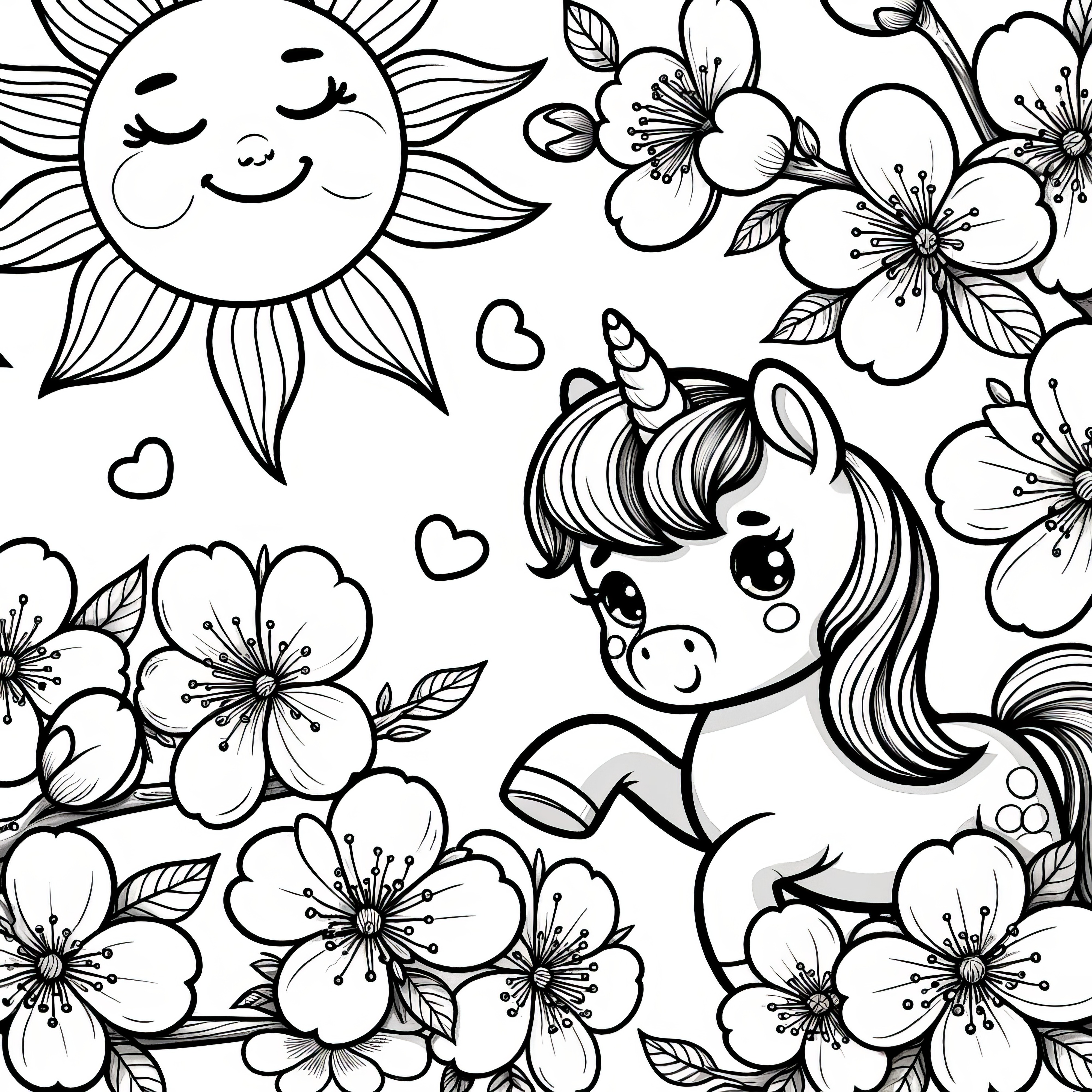 Unicorn under cherry blossom tree in the sun: Free coloring page