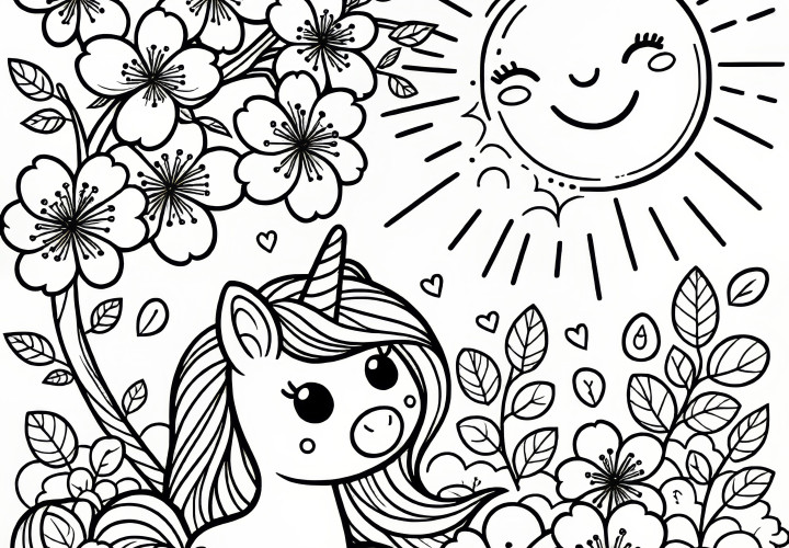 Unicorn, sun, and cherry blossom as coloring pages (Free)