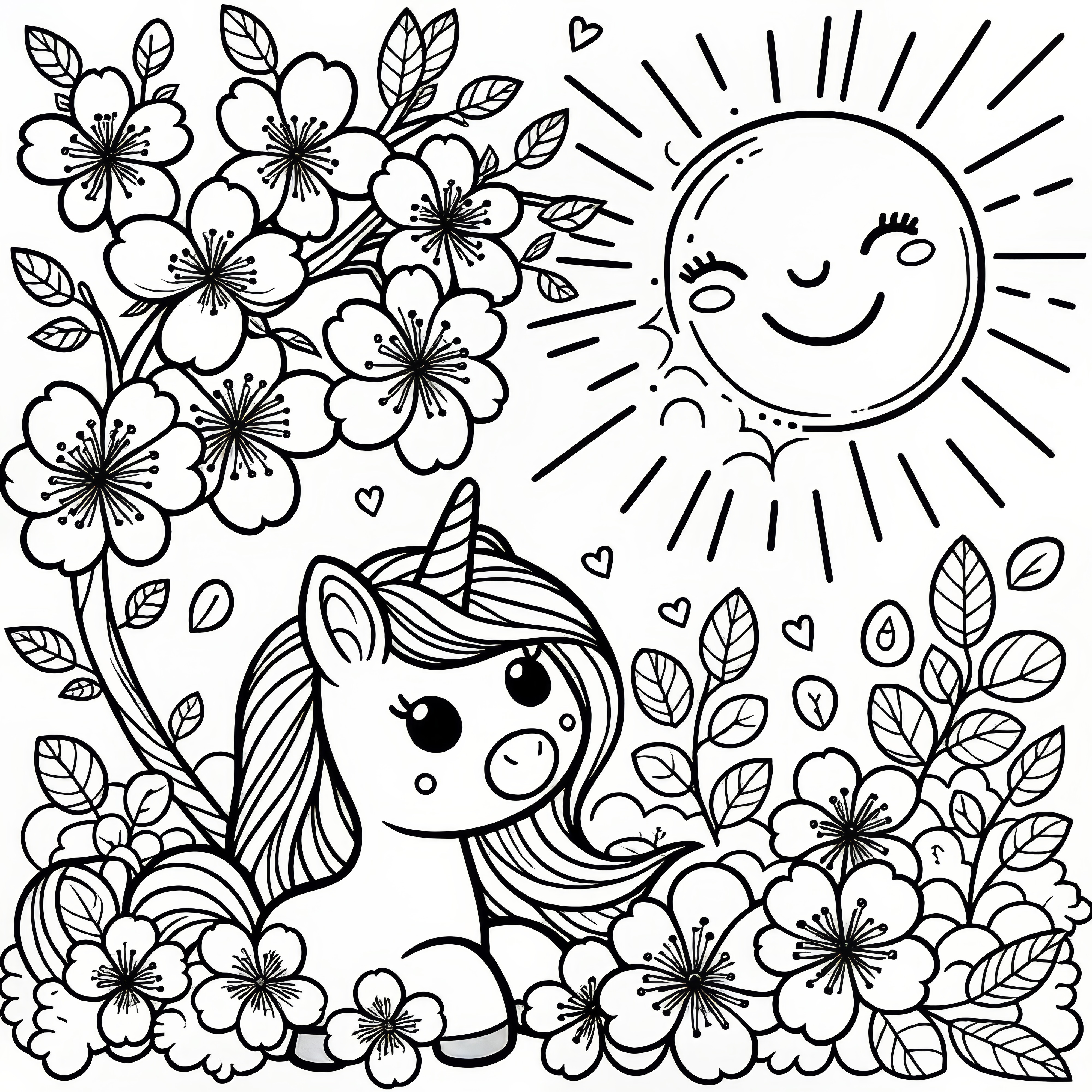 Unicórnio, sol e cerejeira em flor para colorir (gratuito)