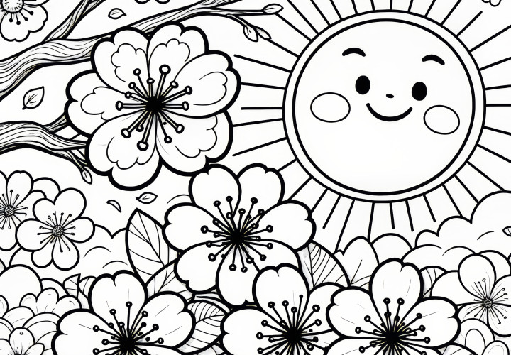 Cherry blossoms and sun: Coloring page for children (Free)