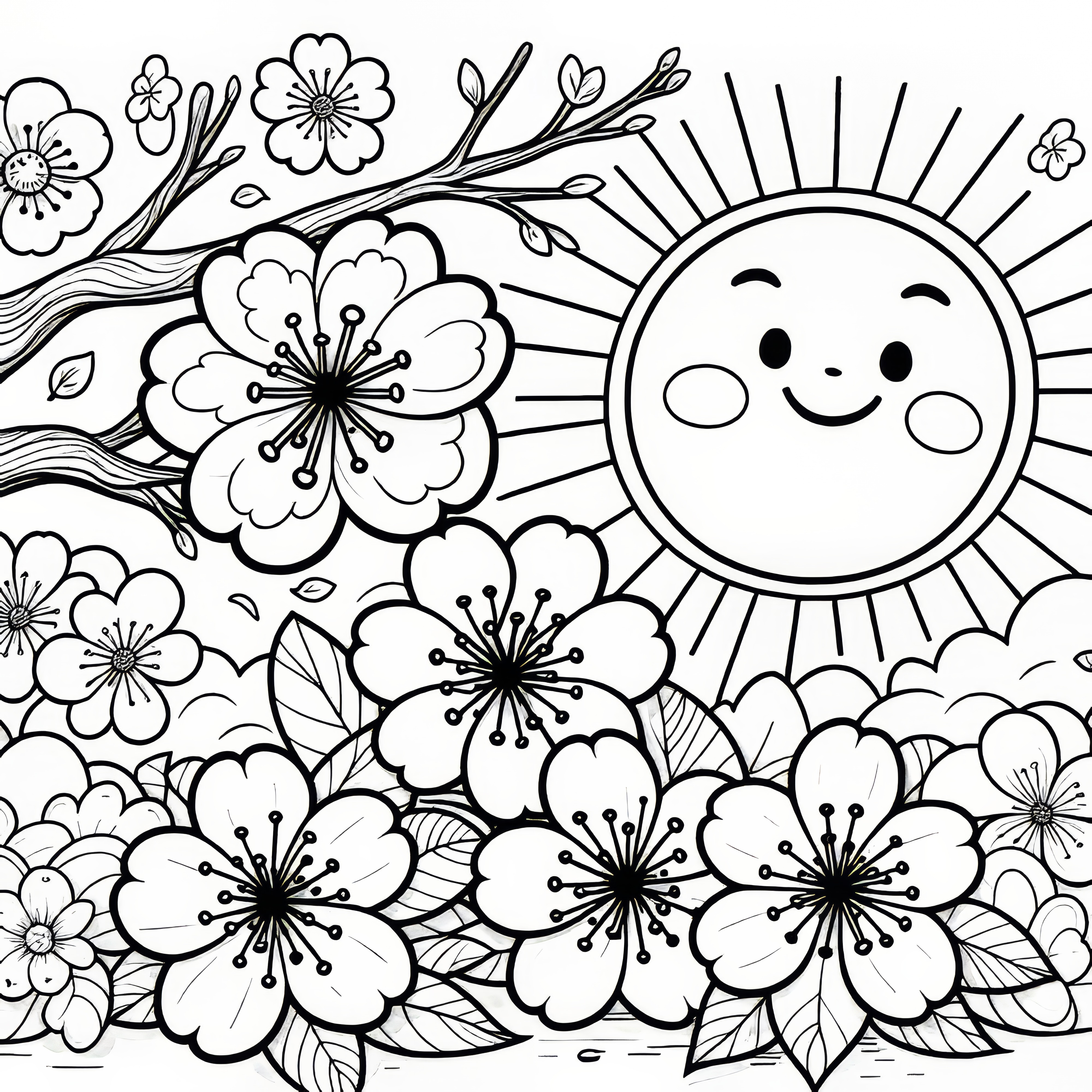 Flores de cerejeira e sol: imagem para colorir para crianças (gratuito)