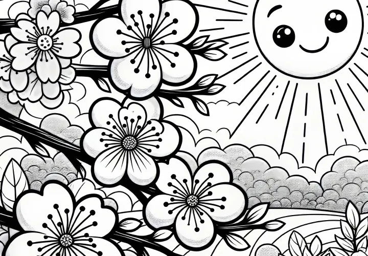 Cherry blossoms in the sun: Free coloring page