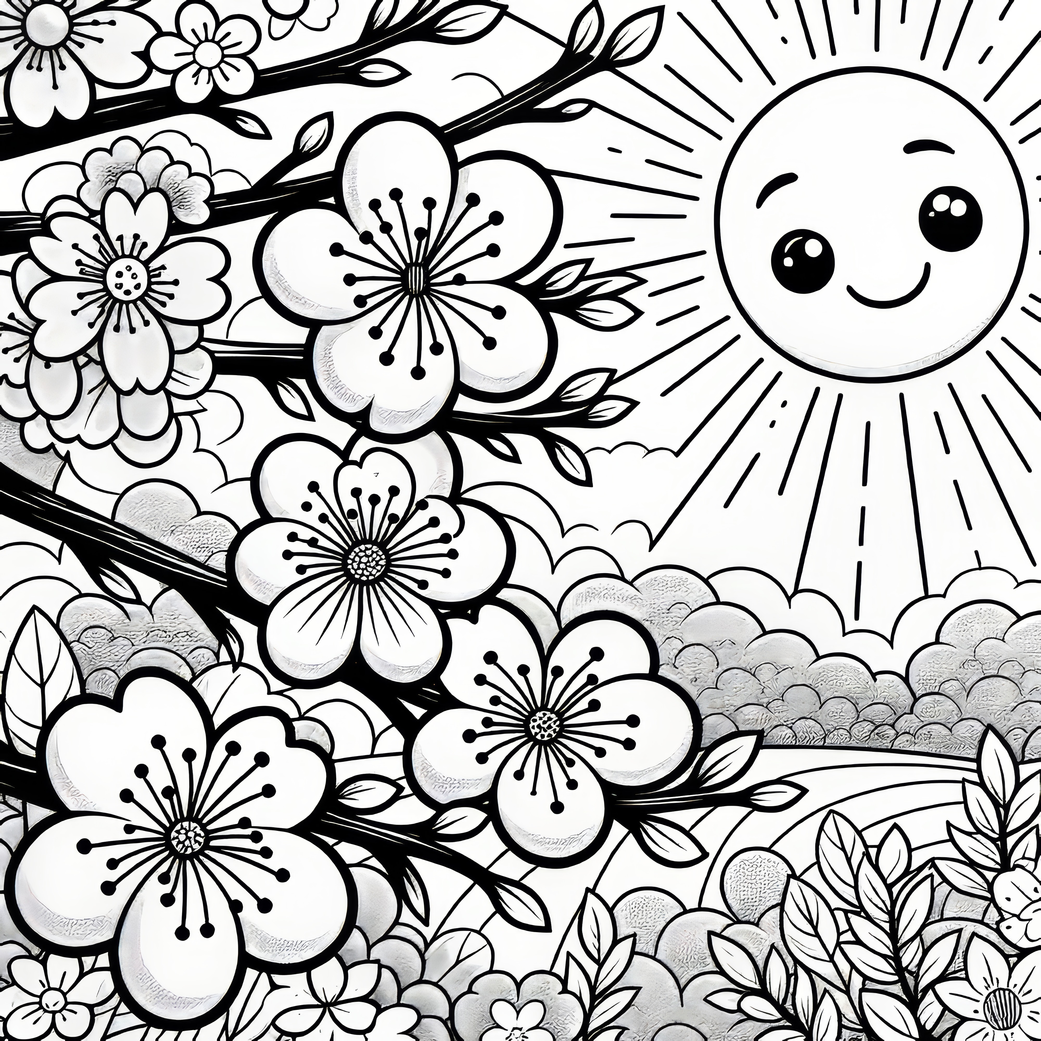 Cherry blossoms in the sun: Free coloring page