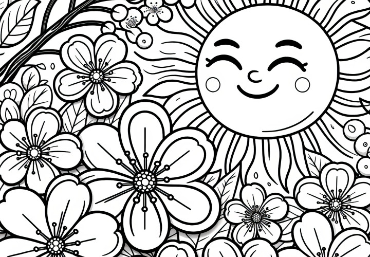 Radiant sun and cherry blossom coloring pages (Free)