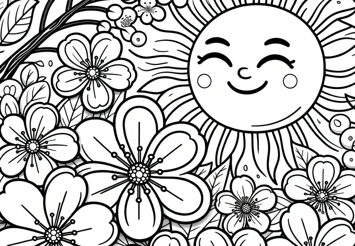 Sol brilhante e flores de cerejeira para colorir (gratuito)