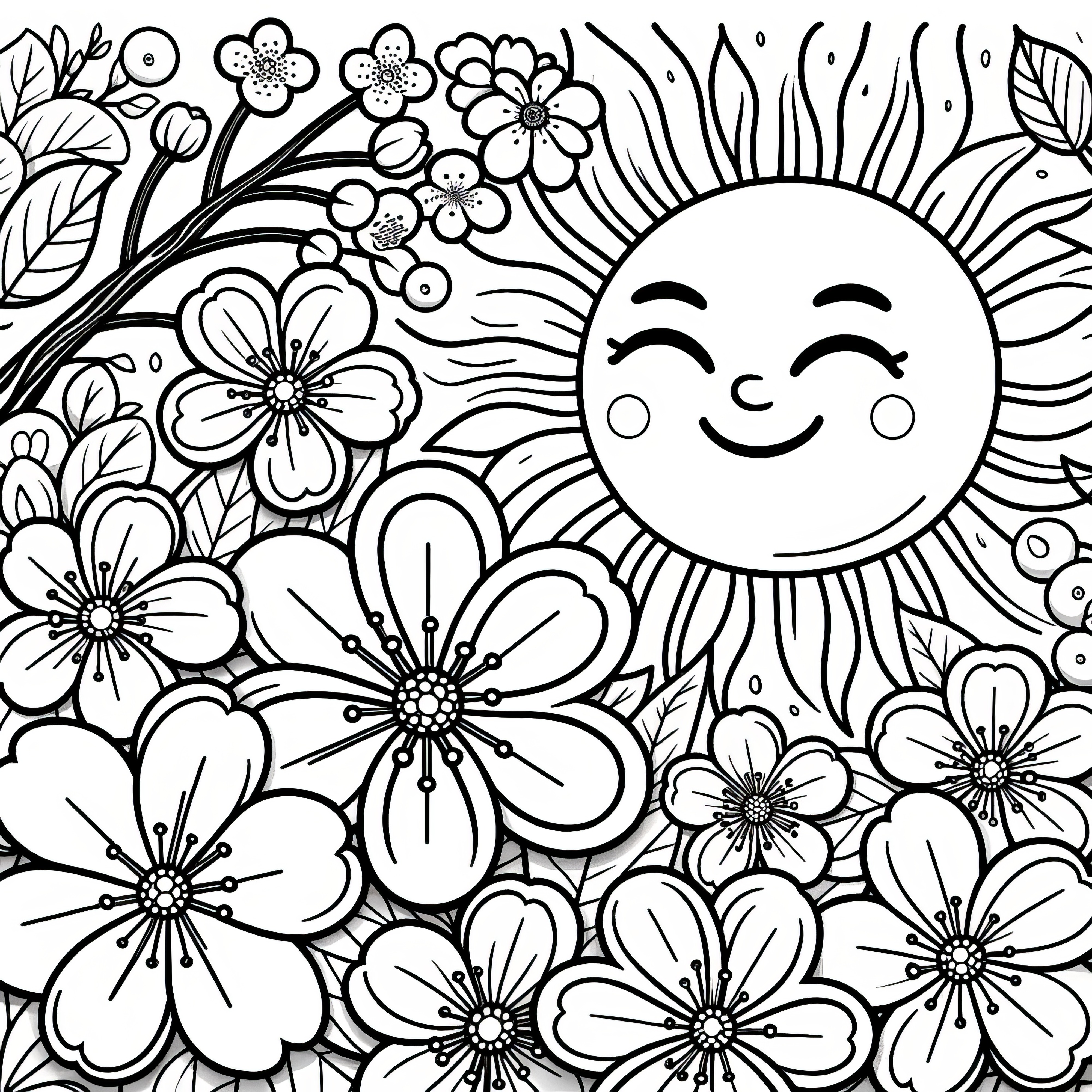 Radiant sun and cherry blossom coloring pages (free)