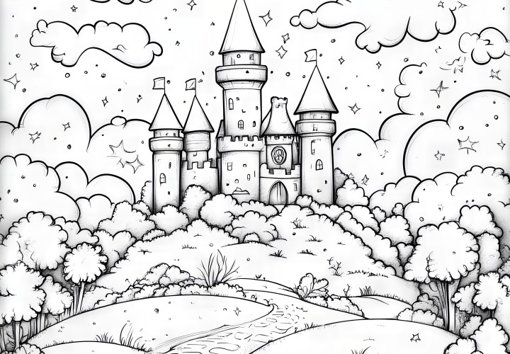 Castelo de conto de fadas num bosque: imagem para colorir imaginativa para descarregar (gratuito)