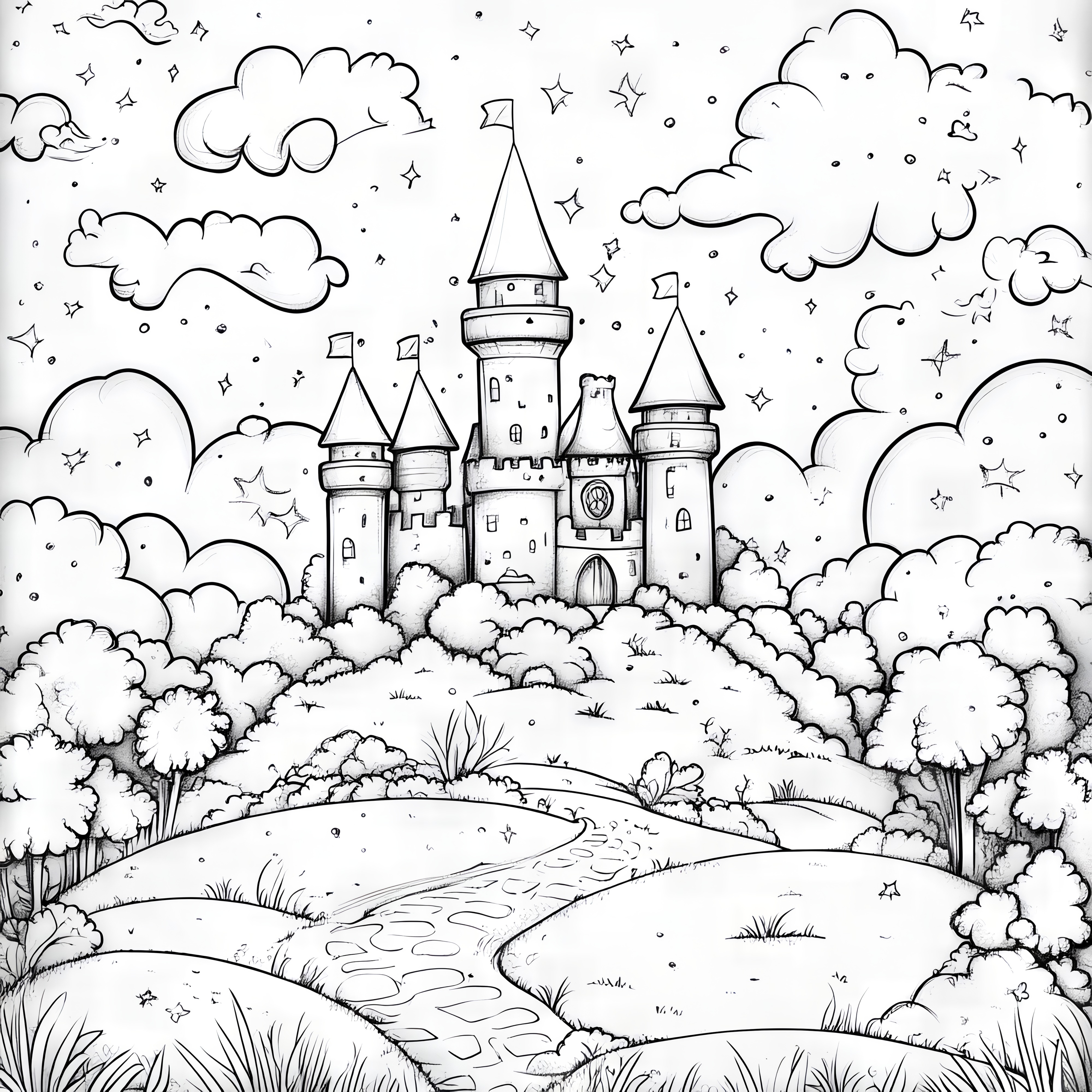 Castelo de conto de fadas num bosque: imagem para colorir imaginativa para descarregar (gratuito)