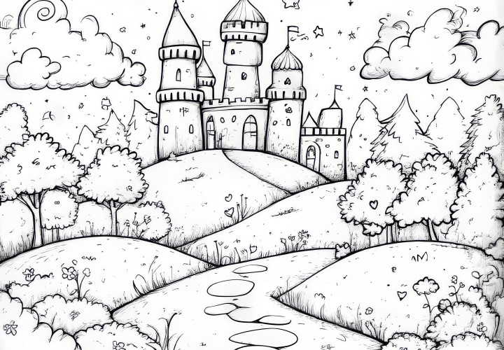 Castelo de conto de fadas de sonho: imagem para colorir gratuita para descarregar