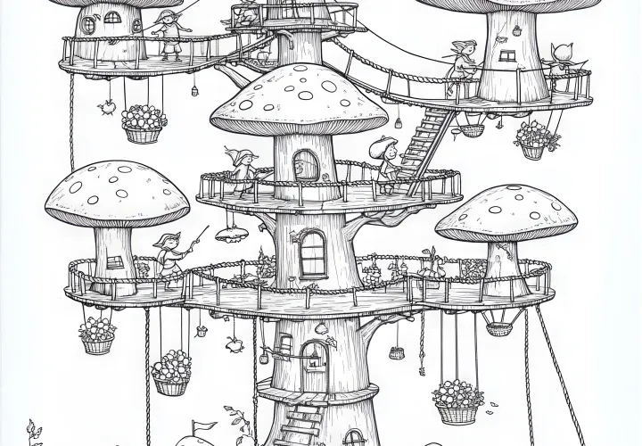 Città dei funghi con abitanti: disegno da colorare da scaricare (gratuito)