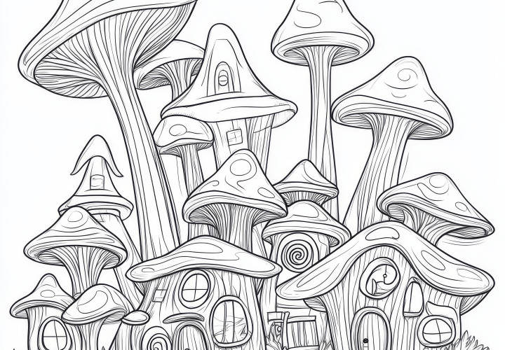 Benvenuti a Città dei Funghi: disegno da colorare con una città di funghi (Gratuito)