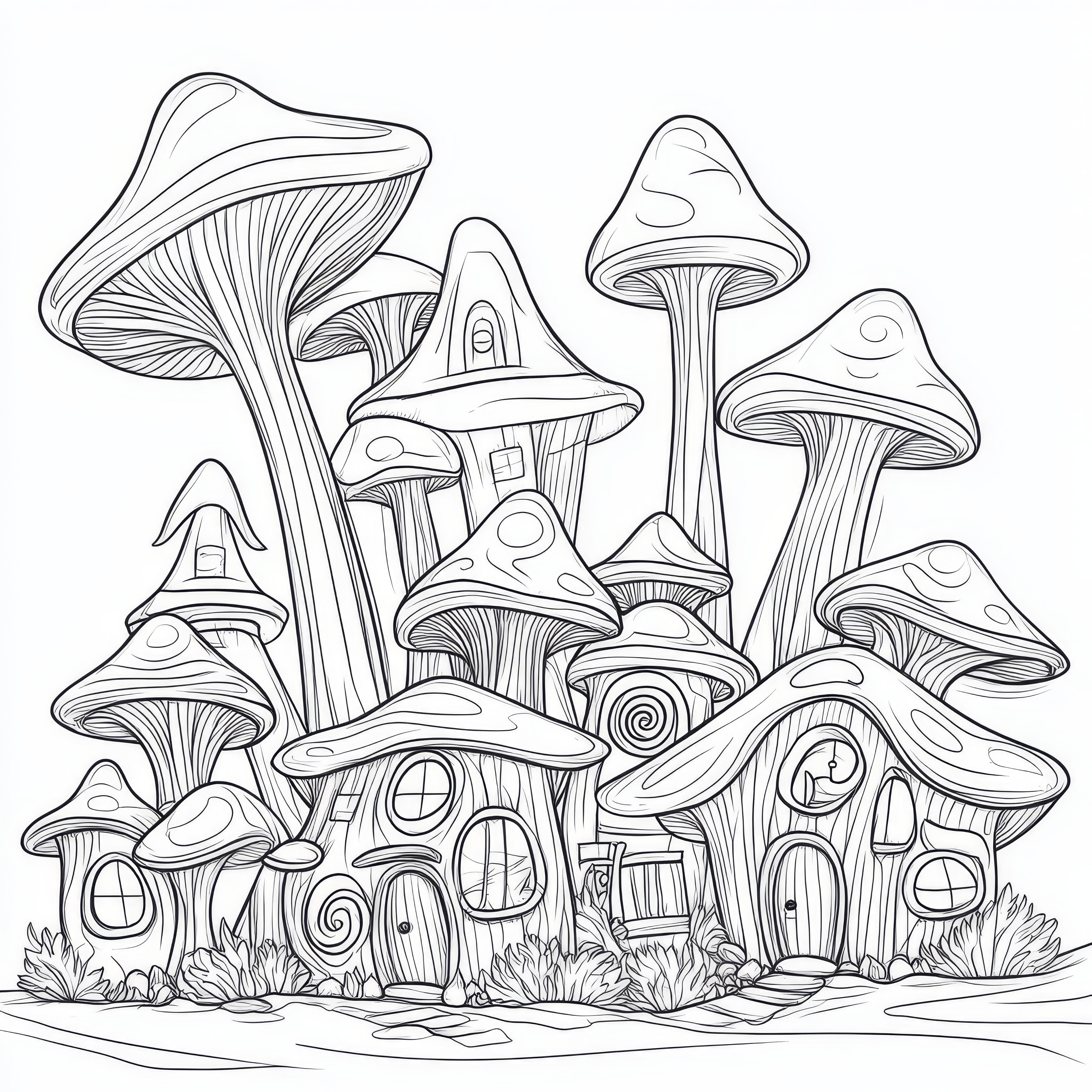 Benvenuti a Città dei Funghi - Disegno da colorare con una città di funghi