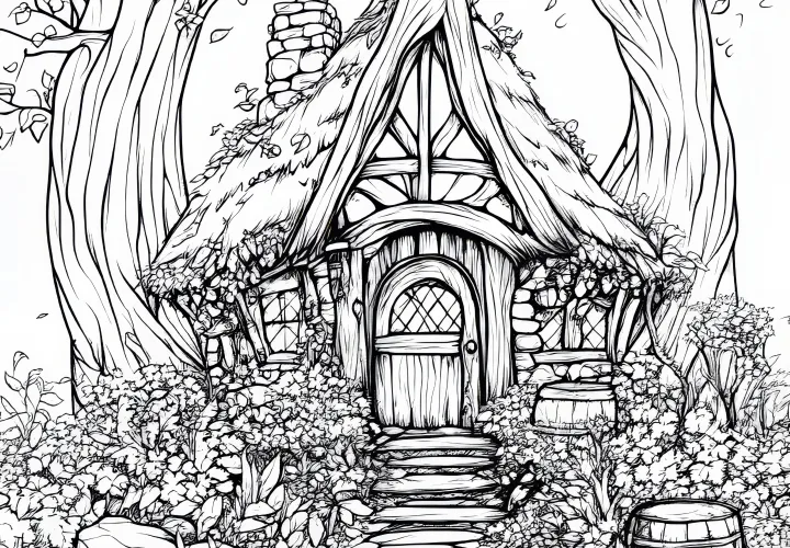 Cabana do anãozinho na floresta encantada: desenho para colorir a descarregar (gratuito)