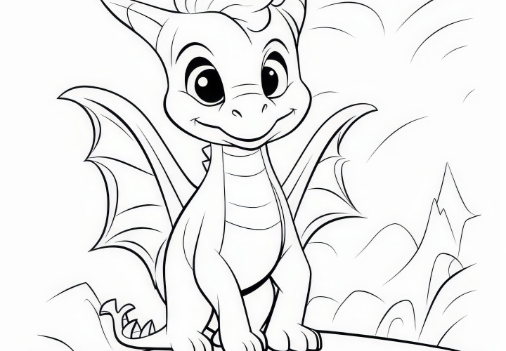 Petit dragon dans un paysage de montagne : Coloriage à télécharger (gratuit)