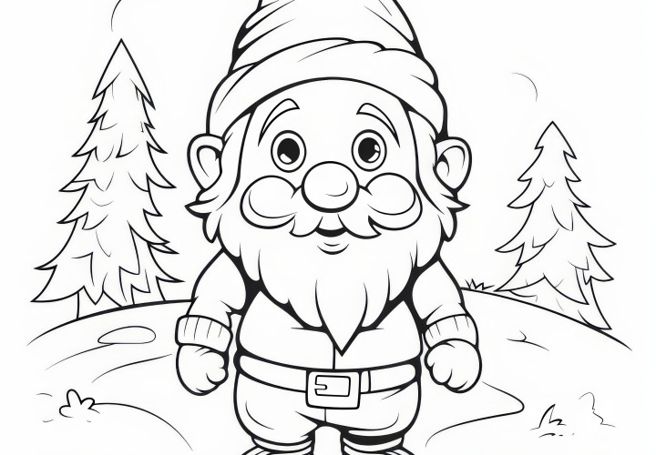 Gnomo con barba e cappello nel bosco: disegno da colorare da scaricare (gratuito)