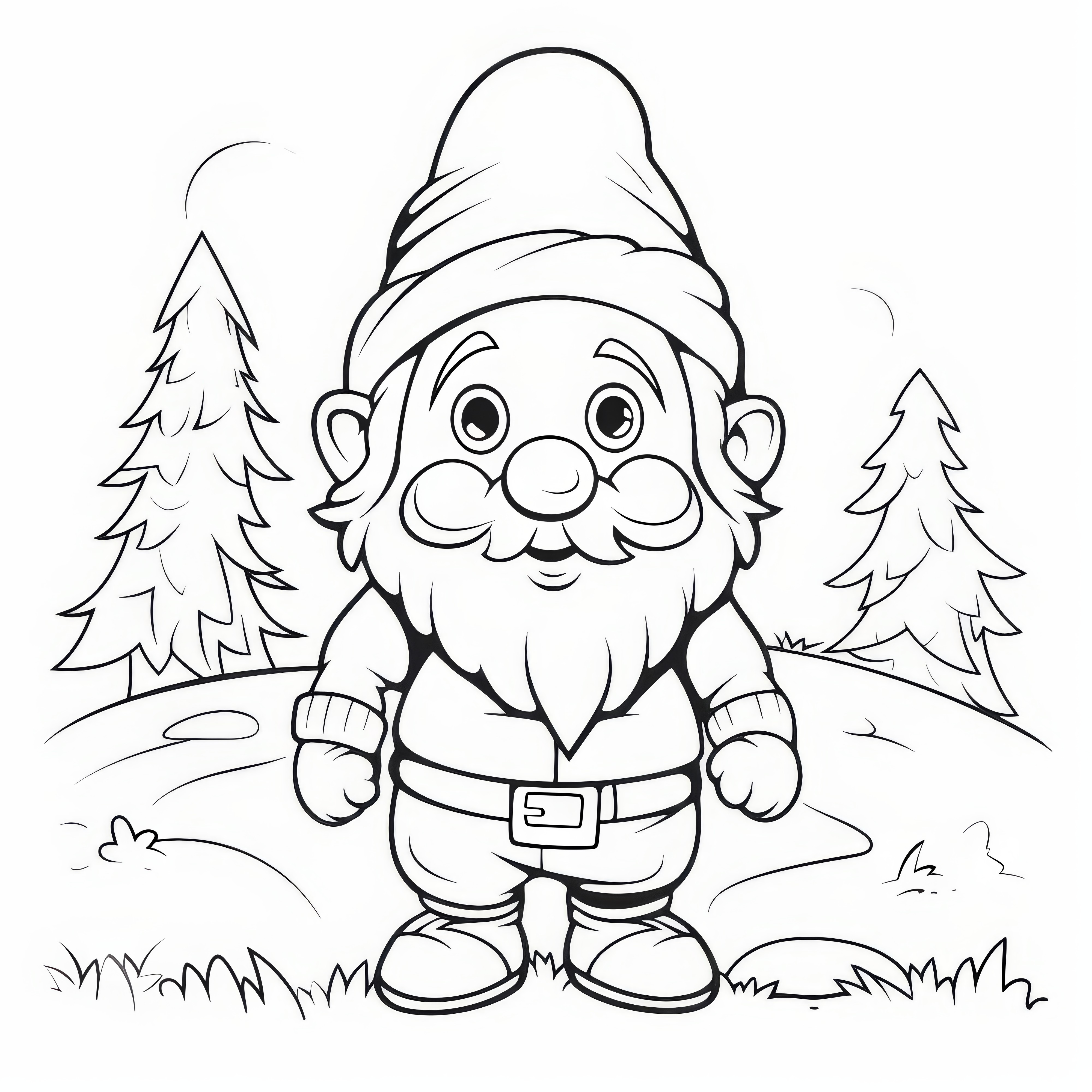 Gnomo con barba e cappello nel bosco: disegno da colorare da scaricare (Gratuito)