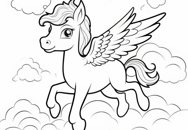 Carino Pegaso sopra le nuvole: disegno da colorare da scaricare (Gratis)