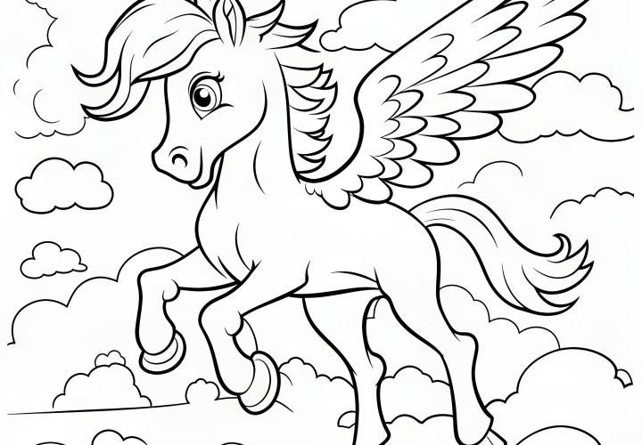 Pegaso vola tra le nuvole: disegno da colorare da scaricare (Gratis)