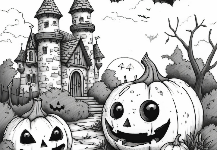 Happy Halloween pumpkins in front of the haunted castle: Coloring picture (Free)