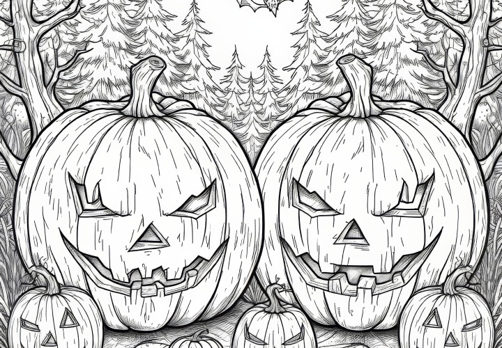 Spooky Halloween pumpkins in the forest: Free coloring sheet