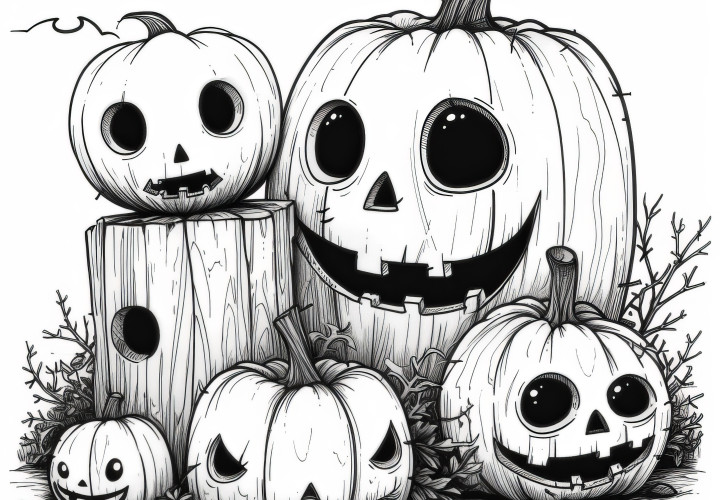 Spooky Halloween pumpkins on tree trunk: Coloring page free for download