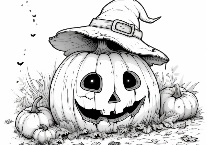 Halloween pumpkin with witch hat: coloring picture for download (free)