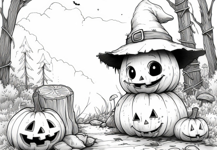 Halloween pumpkins in the forest: Coloring page for download (Free)