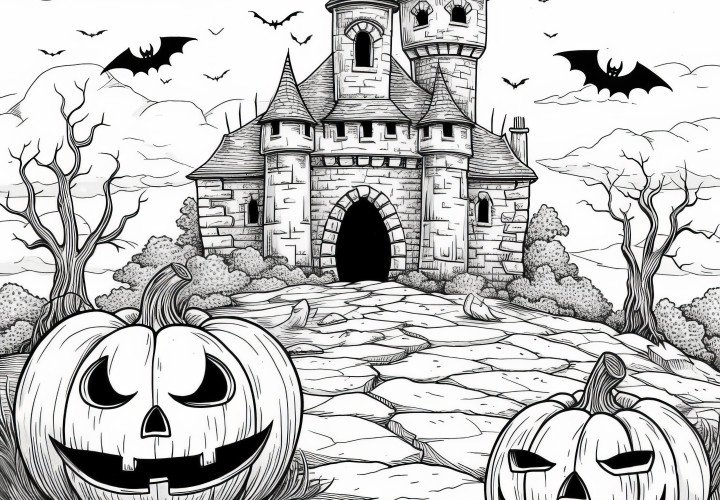 Halloween pumpkins with bats in front of a castle: coloring page (free)