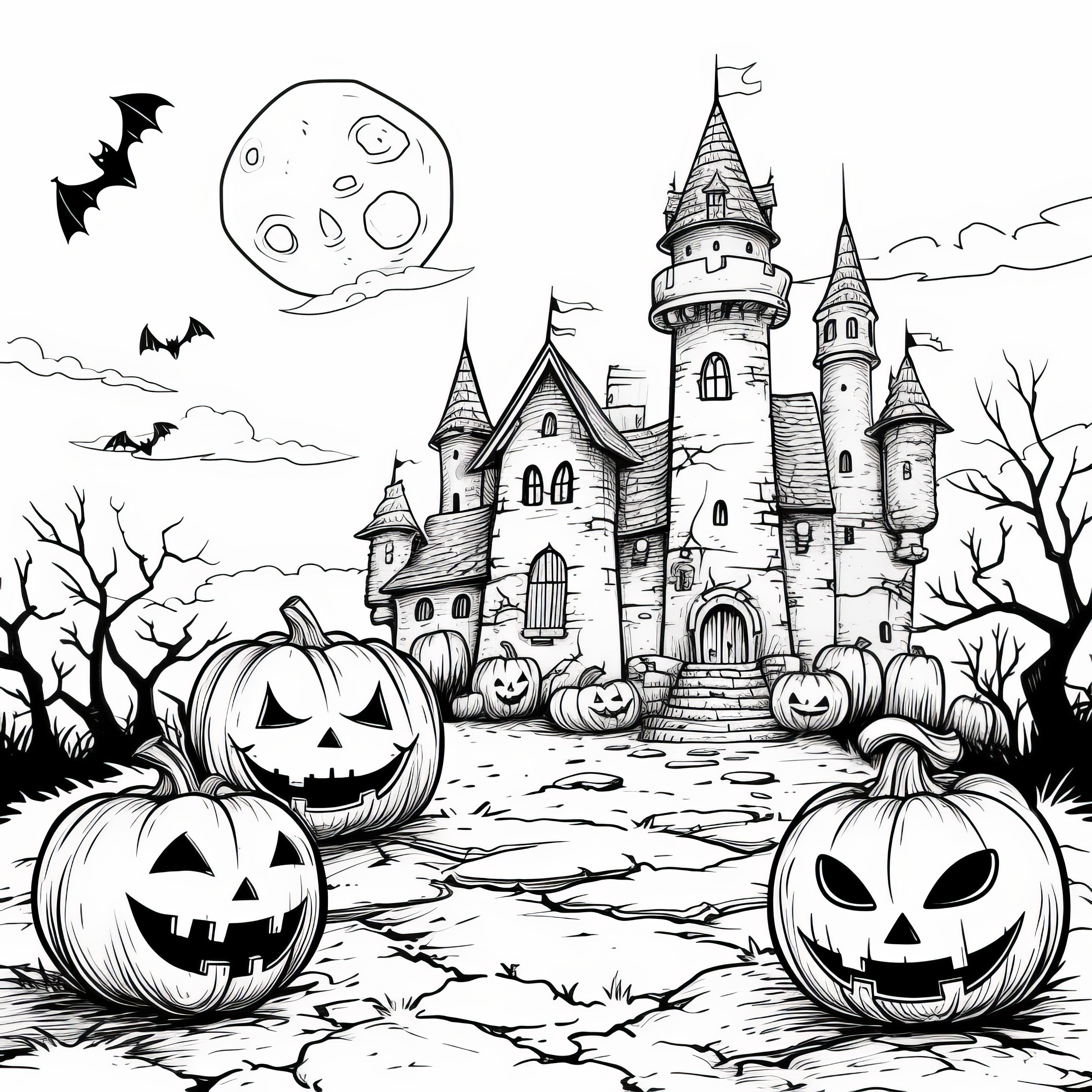 Calabazas de Halloween delante del castillo encantado: ¡dibujo para colorear gratis para descargar