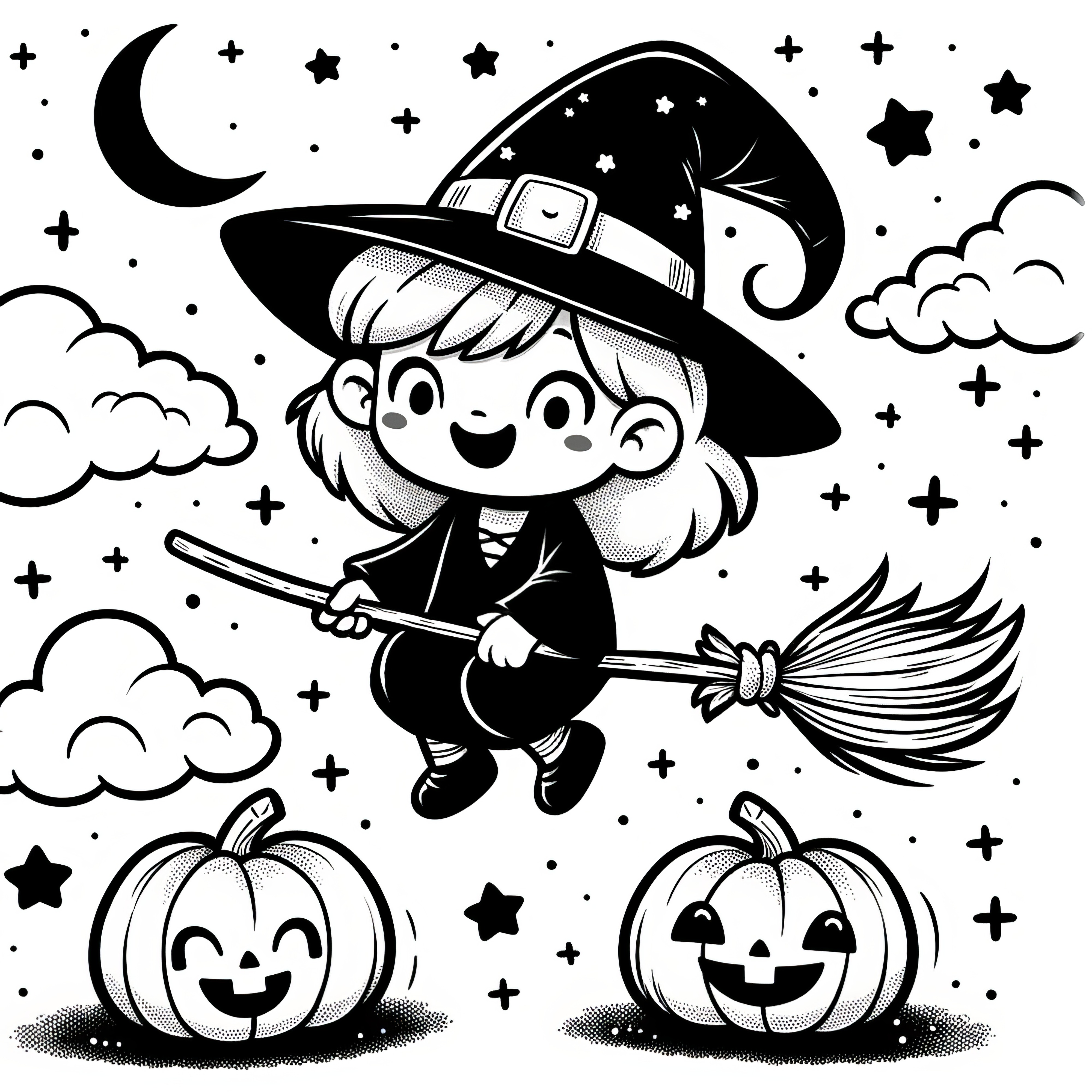 Bruja en escoba con calabazas de Halloween: dibujo para colorear para niños (Gratis)