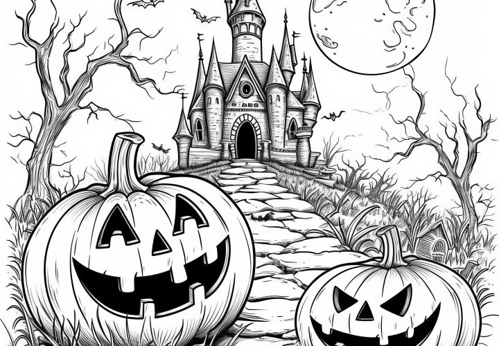 Calabazas de Halloween riendo frente a un castillo tenebroso como imagen para colorear (Gratis)