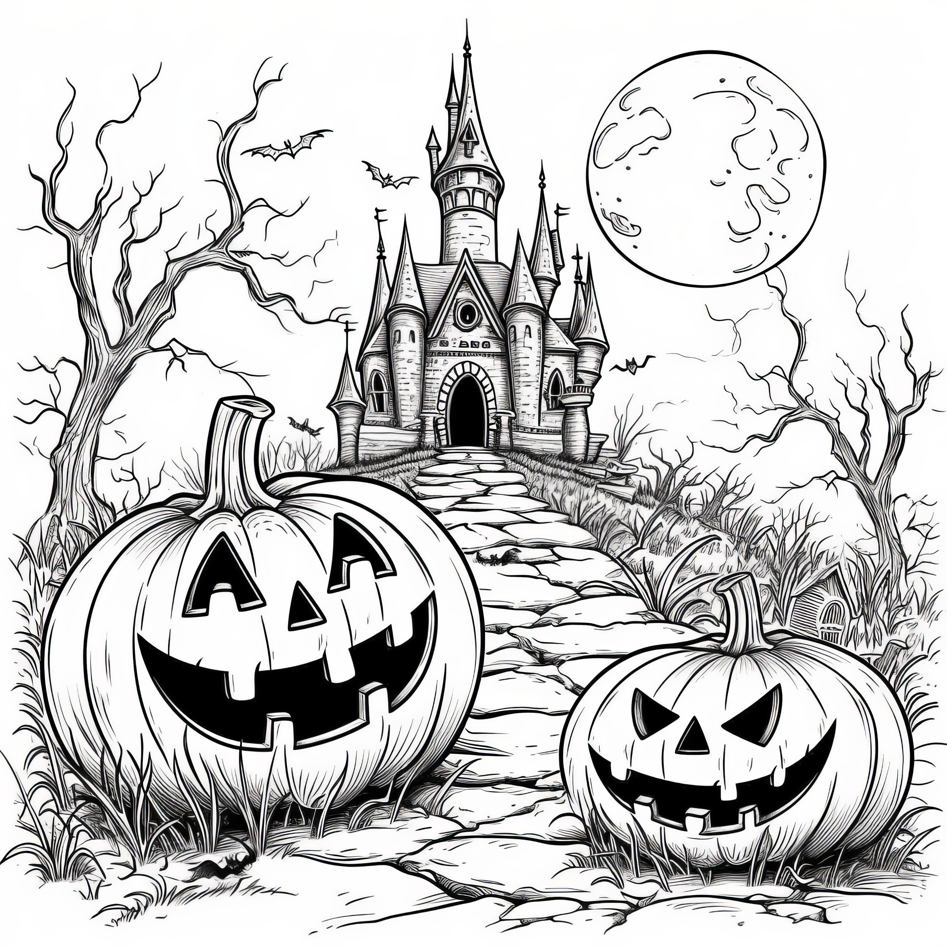 Calabazas de Halloween riendo frente a un castillo embrujado como imagen para colorear (Gratis)