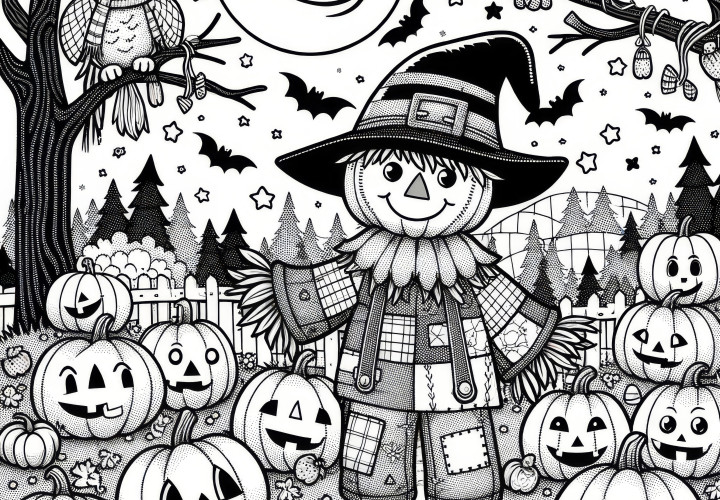 Espantapájaros, calabazas de Halloween y búhos en el bosque: Imagen para colorear gratis