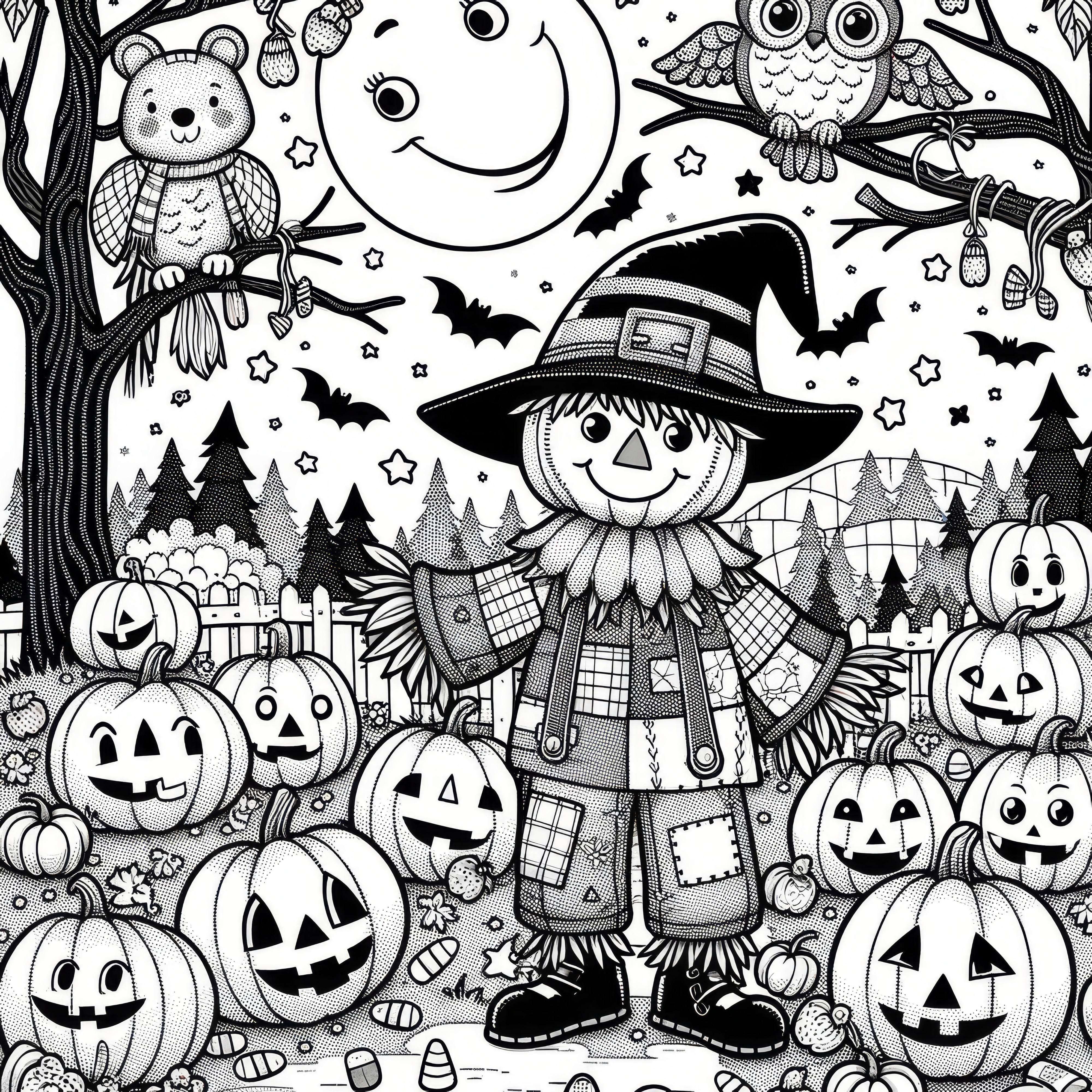 Espantapájaros, calabazas de Halloween y búhos en el bosque: Imagen para colorear gratis