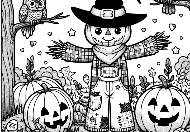 Espantapájaros lindos, calabazas de Halloween y búhos en el bosque: página para colorear gratis