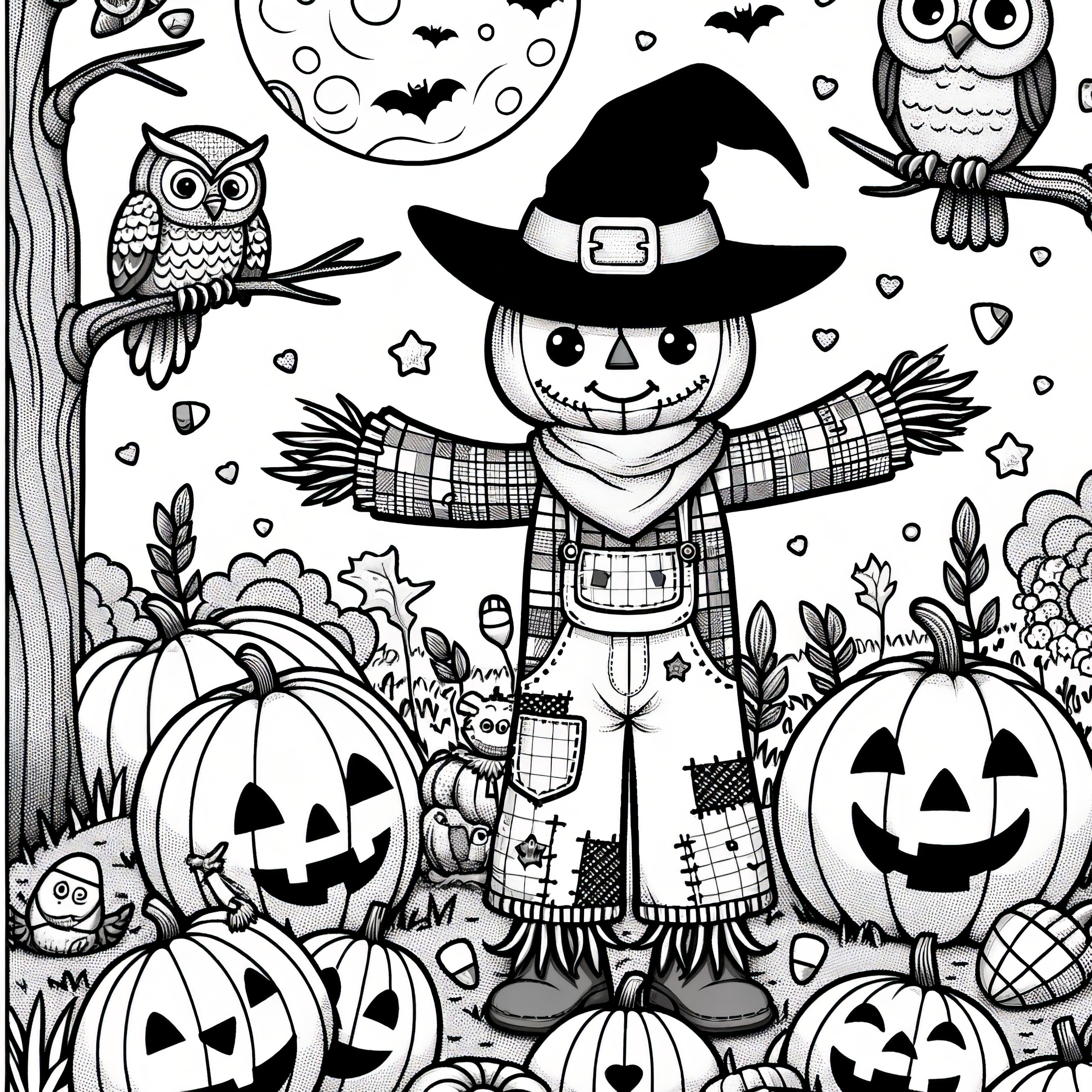 Espantapájaros lindo, calabazas de Halloween y búhos en el bosque: Plantilla para colorear gratis