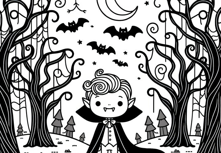 Halloween costume: Dracula in the forest coloring picture (Free)