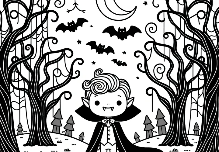 Disfraz de Halloween: Imagen para colorear de Drácula en el bosque (Gratis)