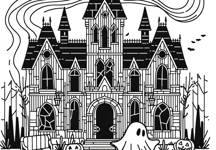 Halloween costume Ghost in front of haunted castle: Coloring picture for download (Free)