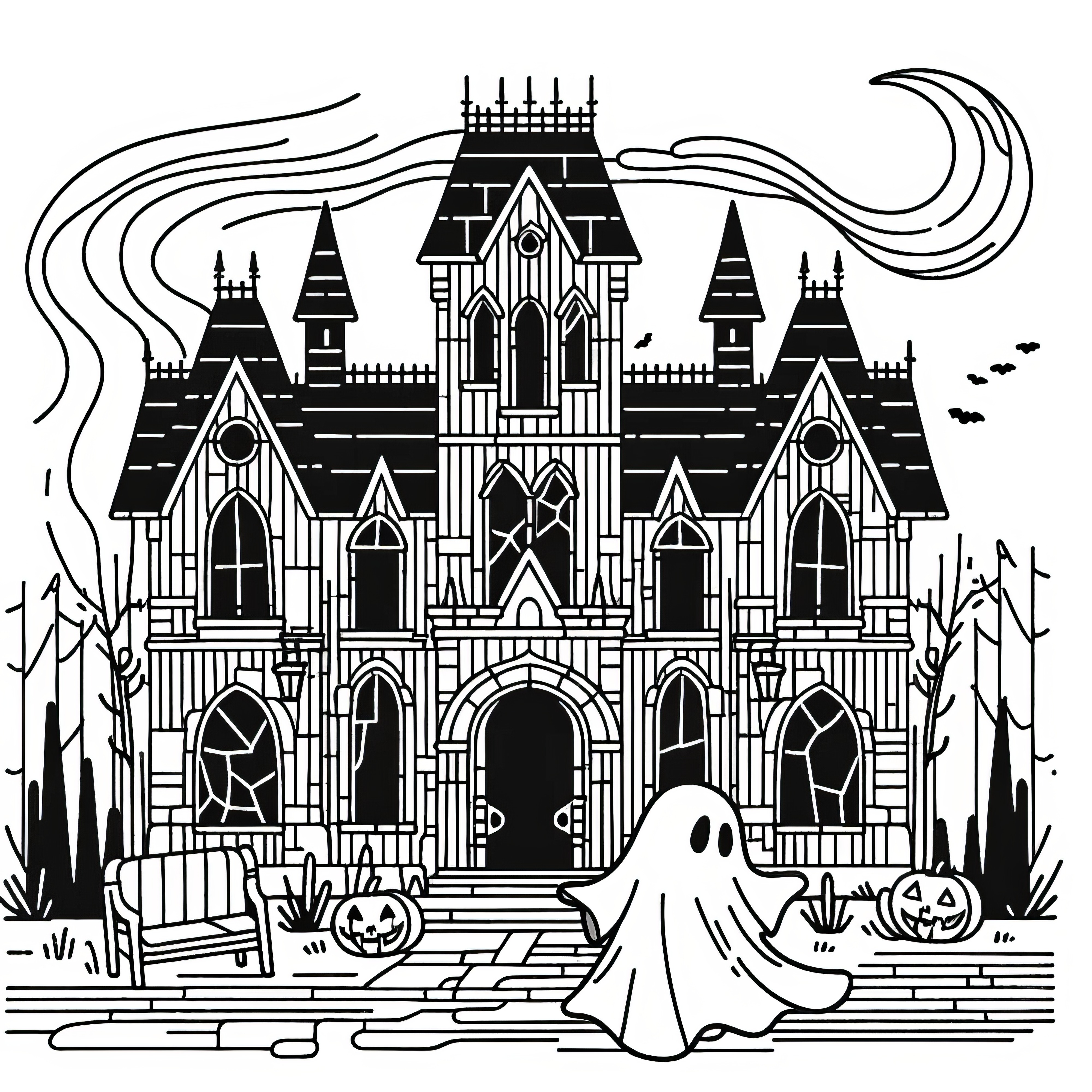 Halloween Costume Ghost in front of Haunted Castle: Coloring Picture for Download (Free)