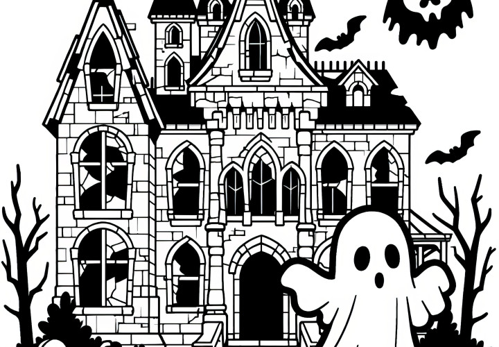 Halloween costume ghost in front of haunted castle: coloring page to download (free)