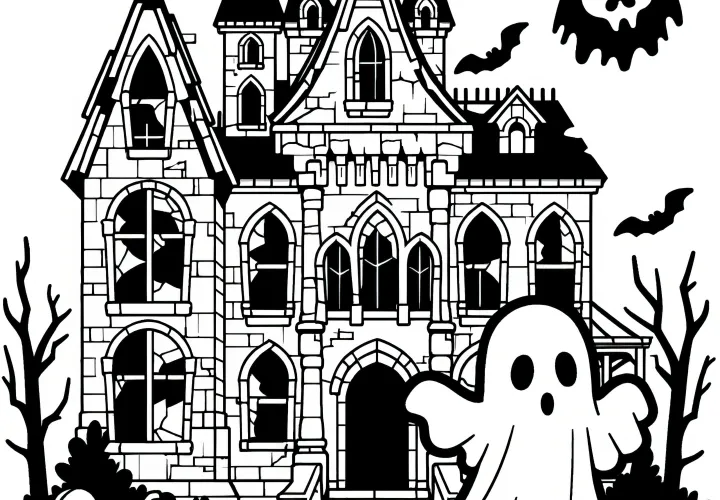 Disfraz de Halloween fantasma frente a un castillo encantado: página para colorear para descargar (gratis)