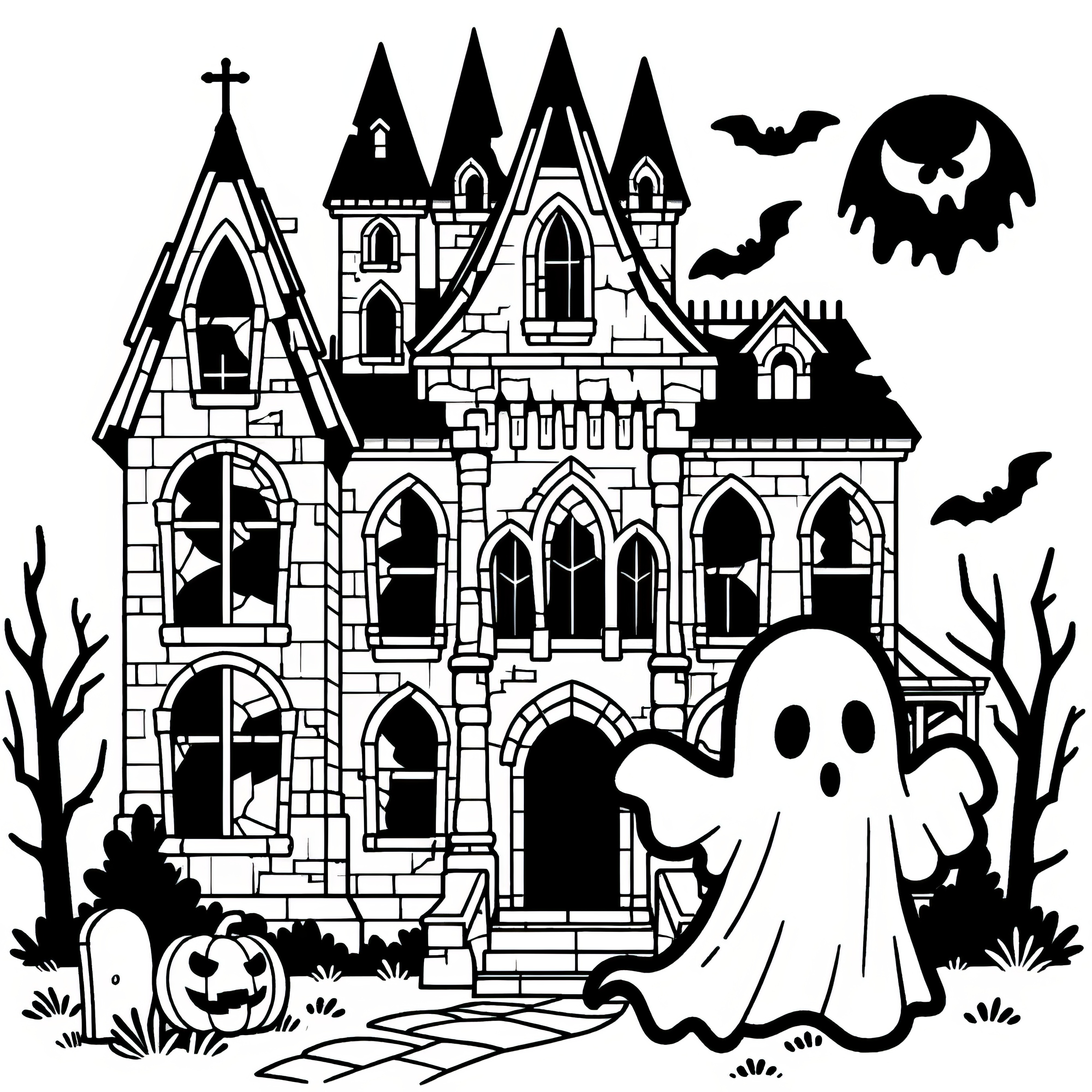 Halloween costume ghost in front of haunted castle: Coloring page for download (Free)