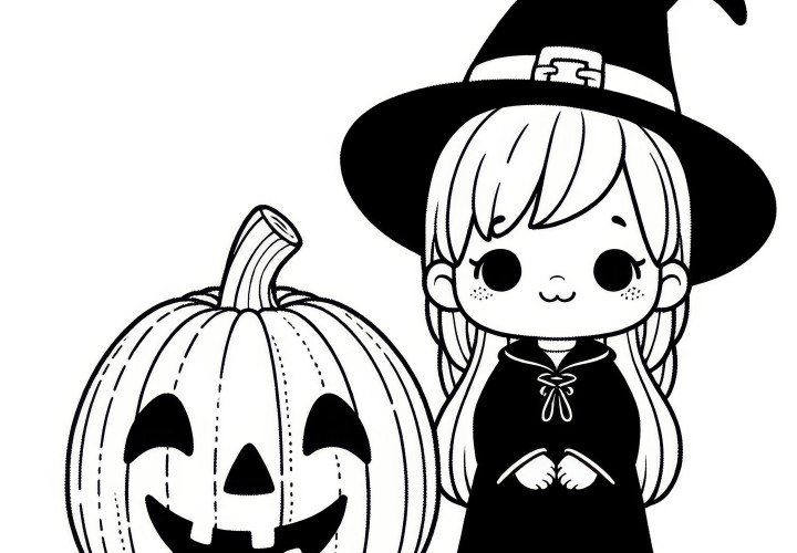 Halloween costume witch with pumpkin: coloring picture for download (free)