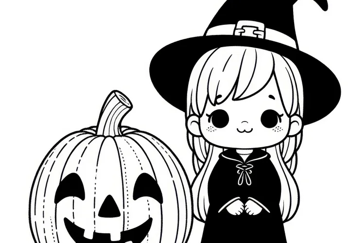 Disfraz de bruja con calabaza para Halloween: Dibujo para colorear para descargar (Gratis)