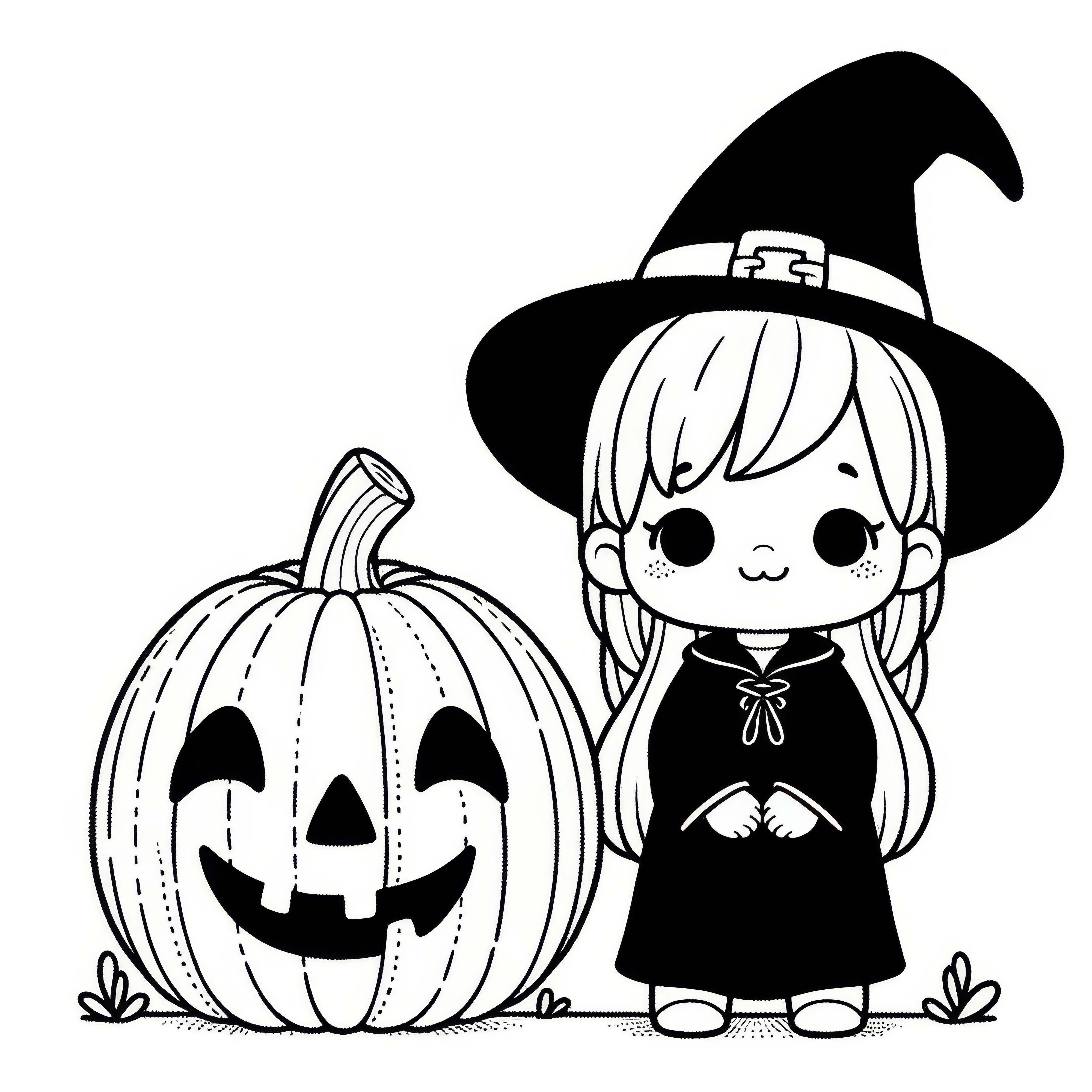 Halloween costume witch with pumpkin: coloring page for download (Free)