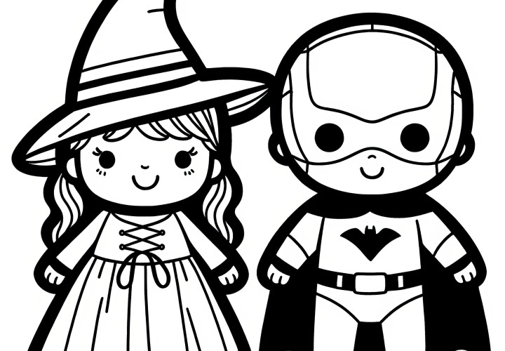 Halloween costume witch and superhero: Easy coloring template for kids (Free)