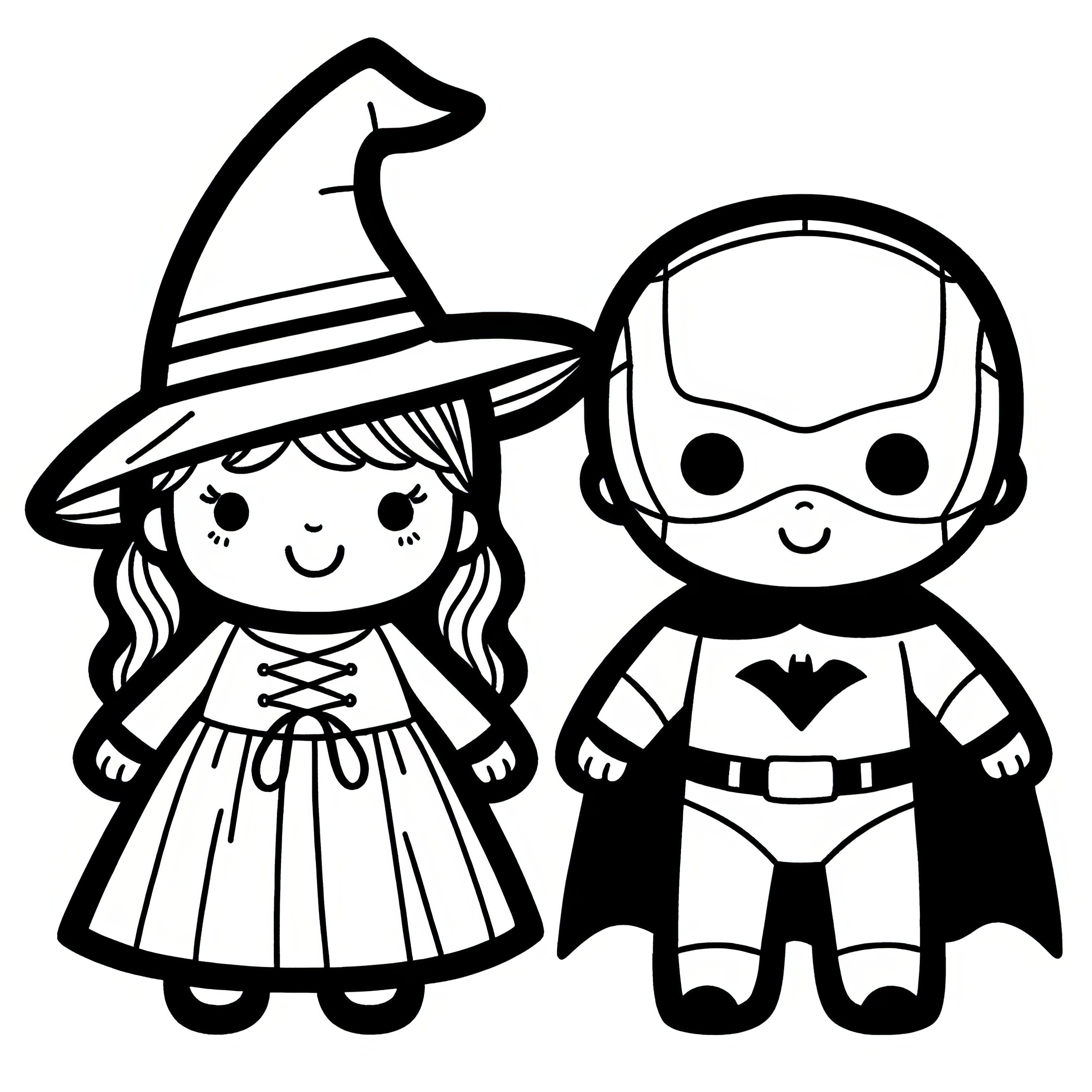 Halloween costume witch and superhero: Simple coloring template for children (Free)